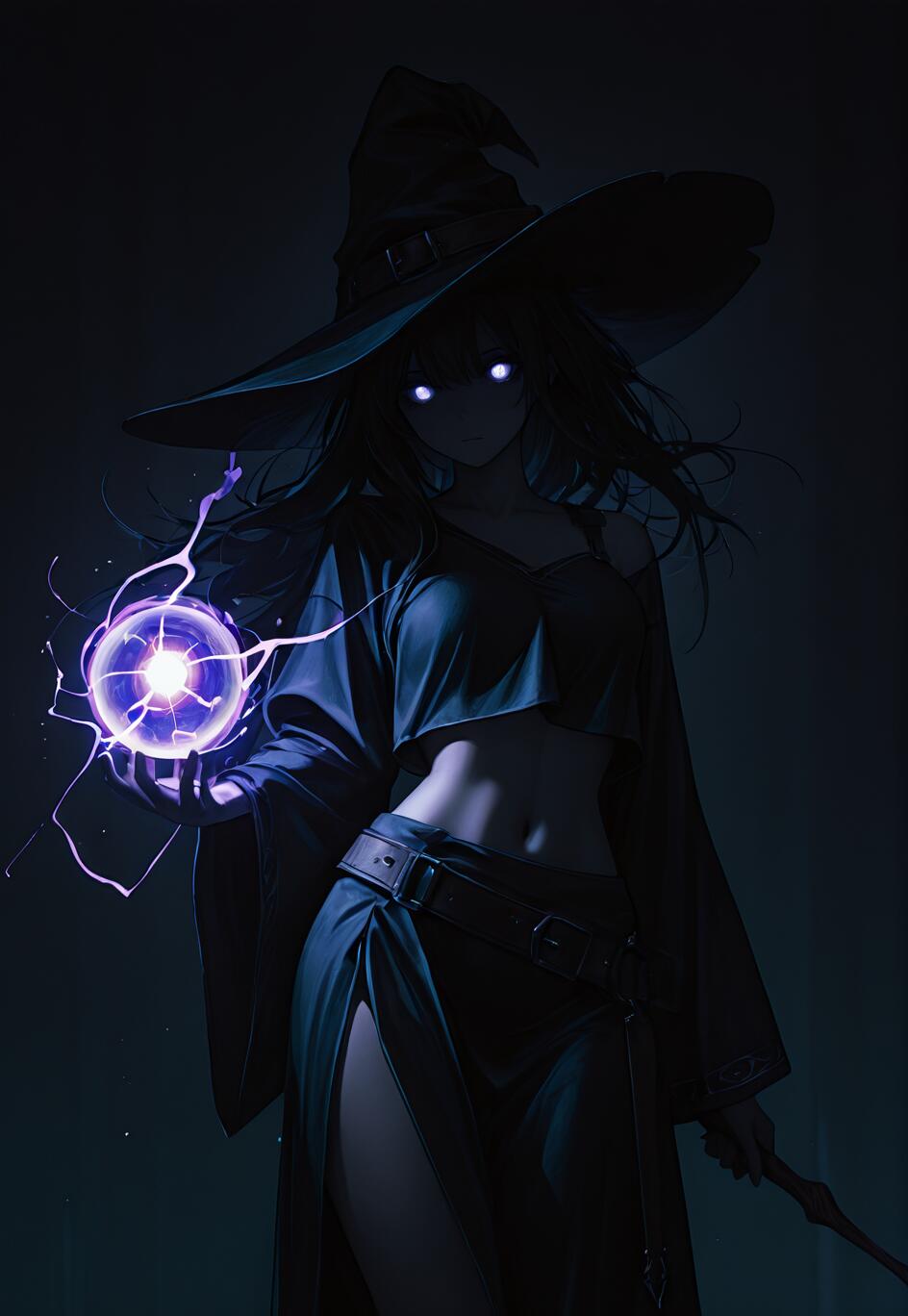 An anime-style witch with long dark hair and a large pointed hat stands in the dark. Her eyes glow, and she holds a crackling purple orb of lightning in her hand.