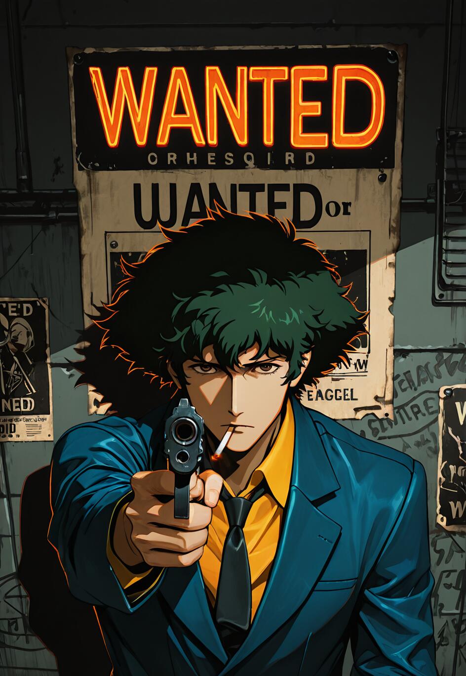 Anime-style illustration of Spike Spiegel from Cowboy Bebop pointing a pistol at the camera. He has messy dark green hair, a cigarette in his mouth, and is wearing a blue suit. Behind him is a wall with a large neon 'WANTED' sign.
