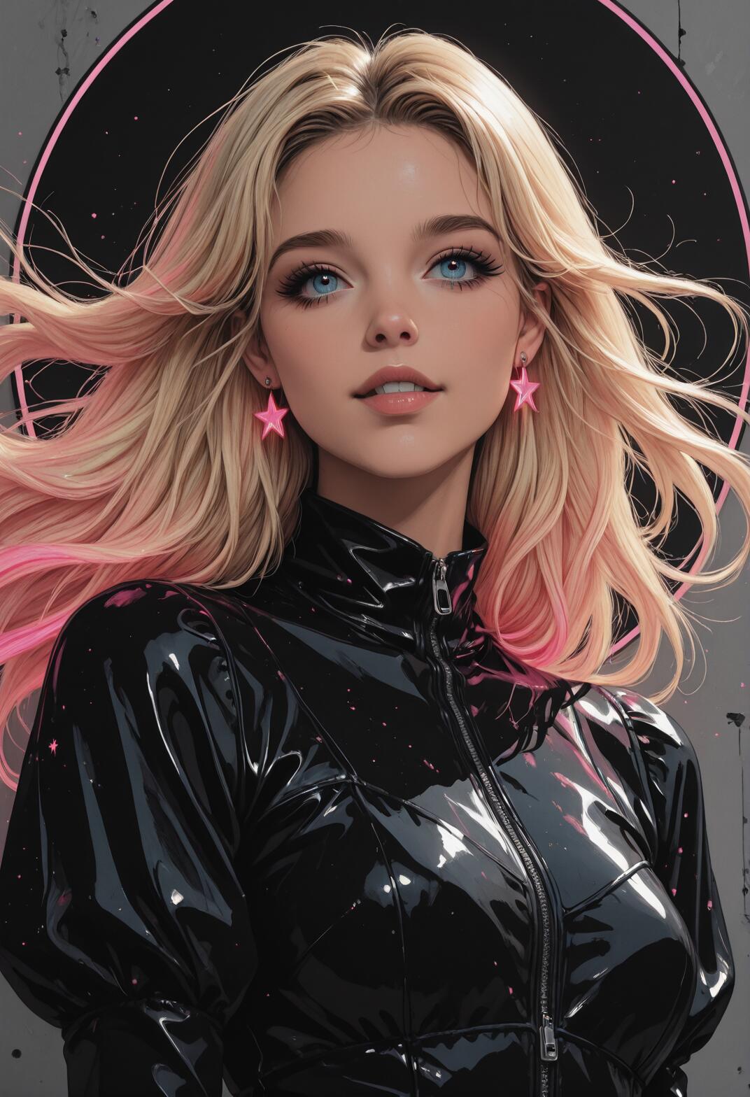 A digital illustration of a young woman with blonde and pink hair, bright blue eyes, and pink star earrings, wearing a shiny black high-collared jacket. She is looking up against a dark background with a large pink-outlined circle.