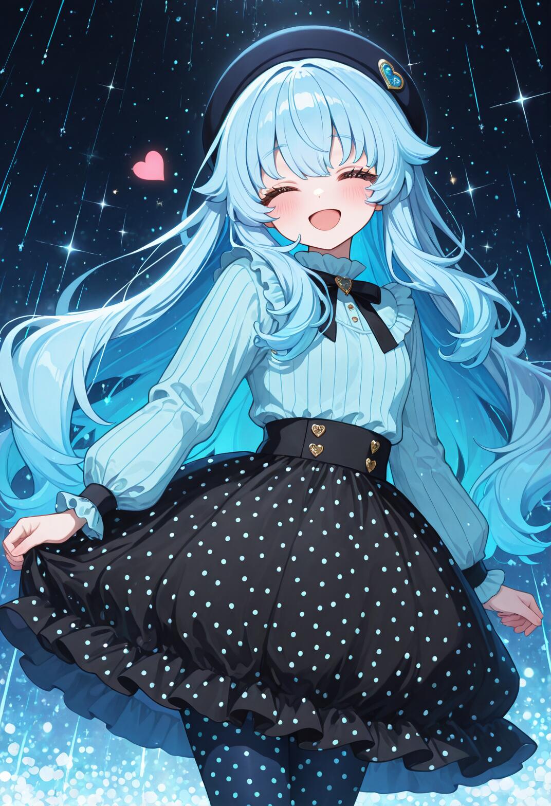 An anime girl with long light blue hair and a happy, winking expression, wearing a black beret, a light blue blouse, and a black polka dot skirt, stands against a sparkling, starry night background.