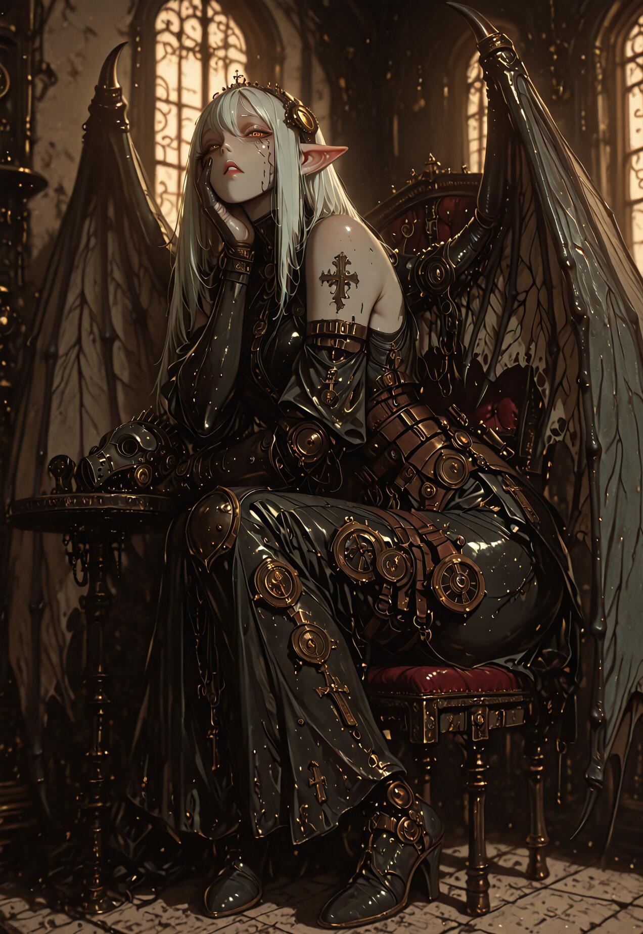A white-haired elf with large, dark dragon wings sits thoughtfully in an ornate chair. She is wearing a detailed black and brass steampunk outfit in a gothic hall with large arched windows.
