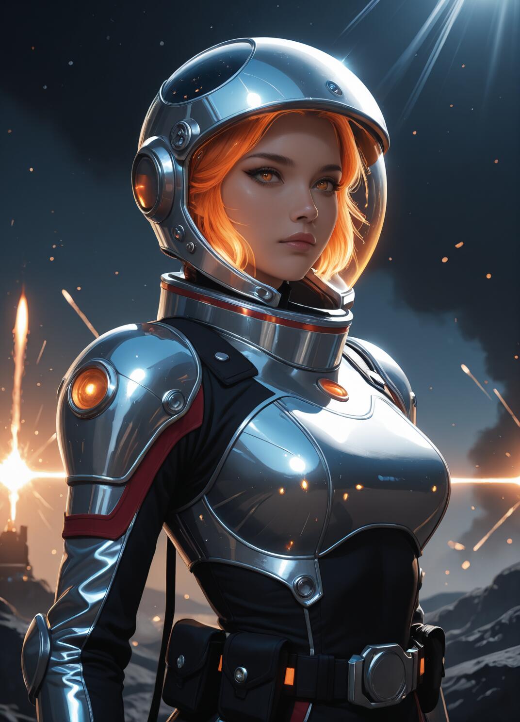 A digital illustration of a woman with vibrant orange hair and golden eyes wearing a futuristic silver and black spacesuit with a clear bubble helmet. She is set against a dark background of a planetary surface during a battle, with explosions and a bright star flaring in the sky.