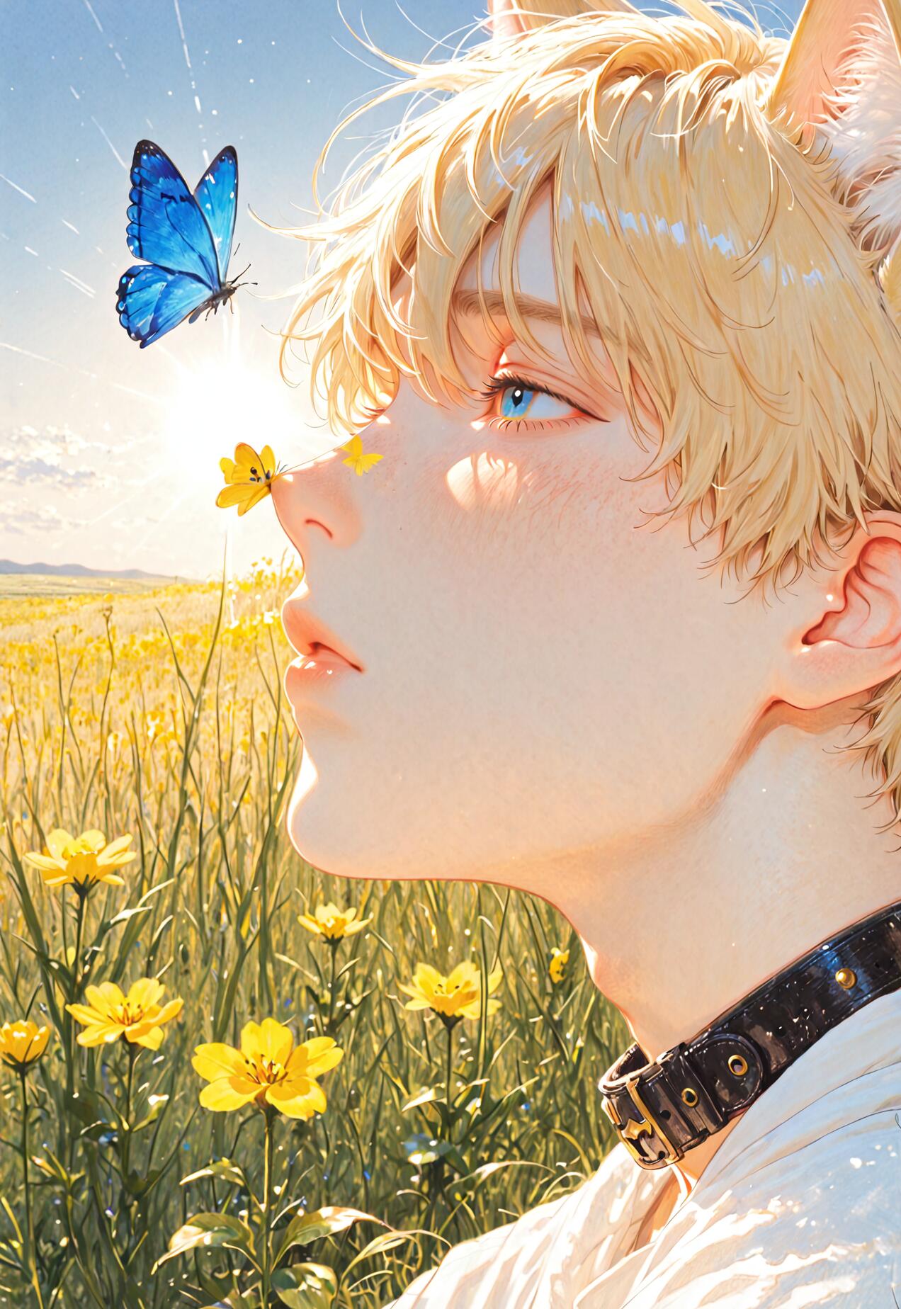 An anime-style illustration of a young man with blonde hair and cat ears in profile. He is in a sunny field of yellow flowers, looking up at a blue butterfly near his face. He wears a black collar and a white shirt.