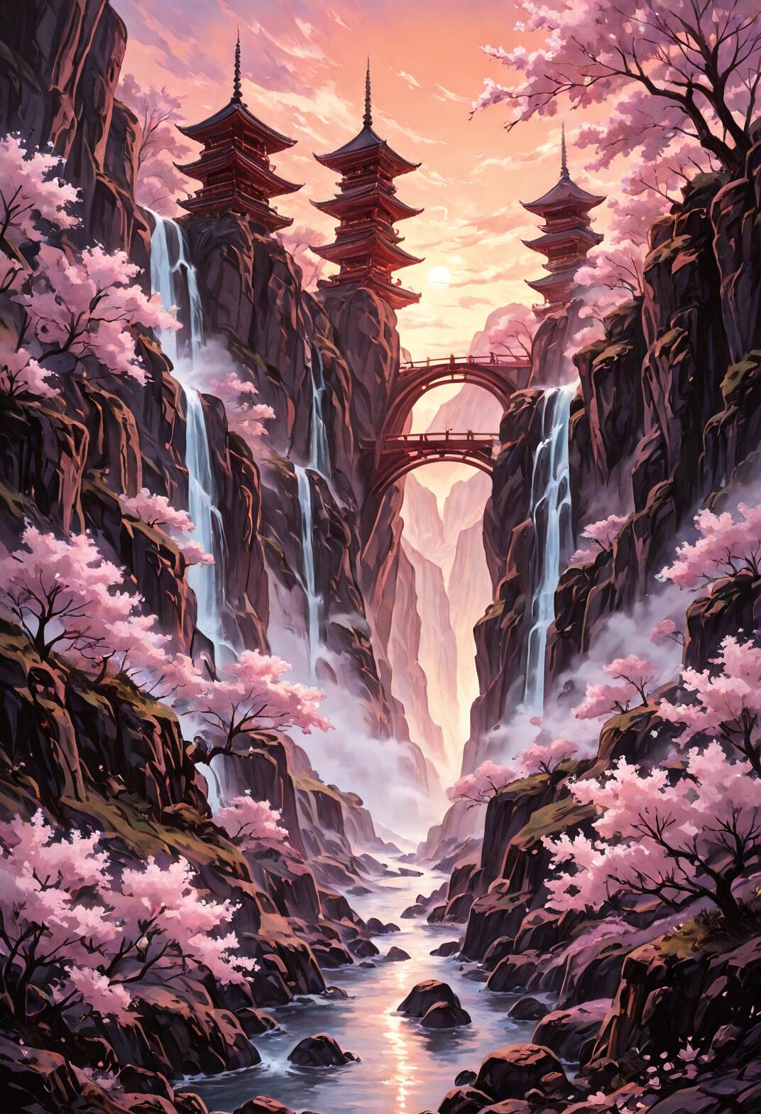 A vertical digital painting of a deep canyon with traditional Asian pagodas on the cliffs, multiple waterfalls, a stone bridge, and blooming pink cherry blossom trees, all illuminated by a warm sunset.