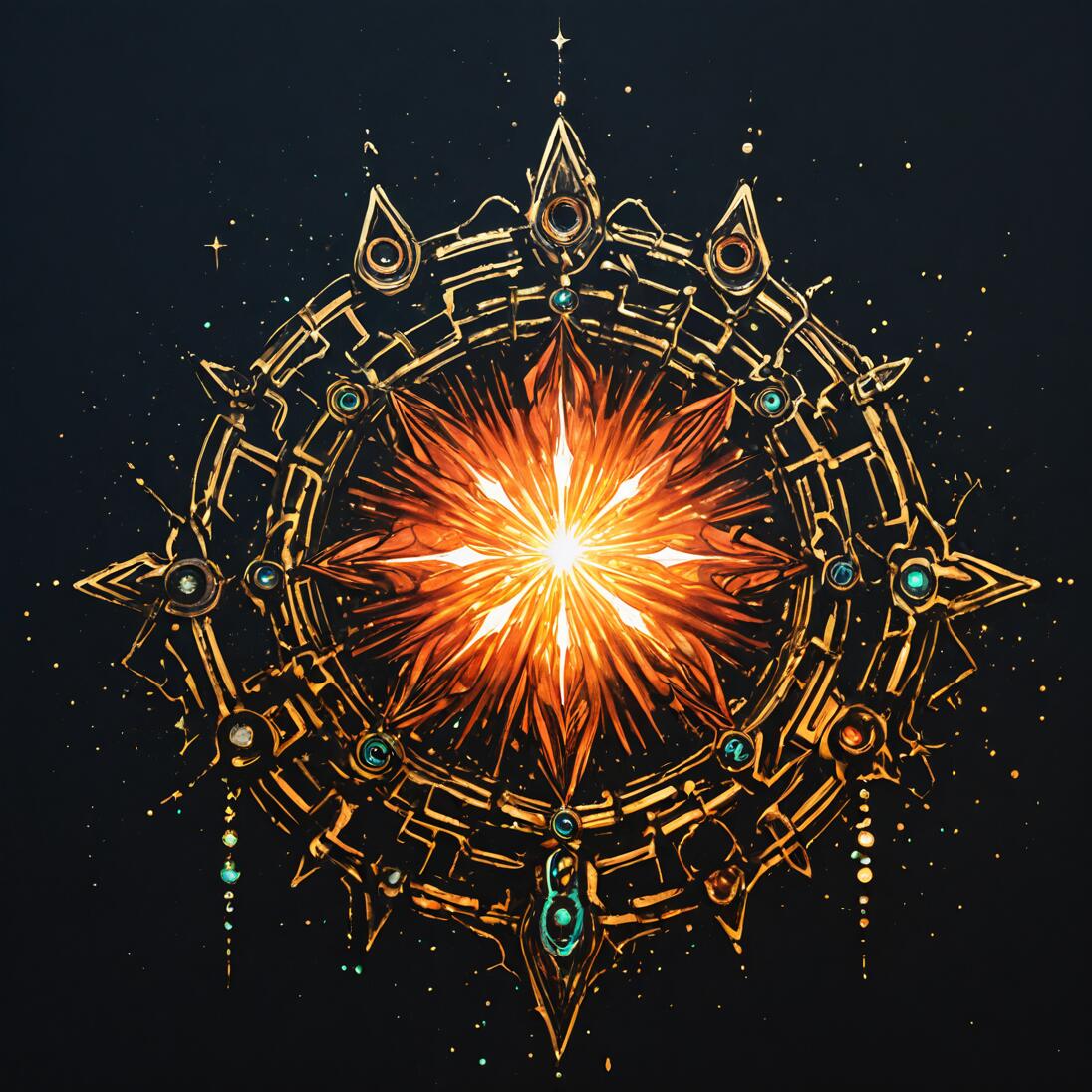 An ornate, golden, circular artifact with circuit-like patterns and turquoise gems, set against a dark, starry background. At its center is a brilliantly glowing, star-like explosion of orange and white light, resembling a synthetic sunrise.