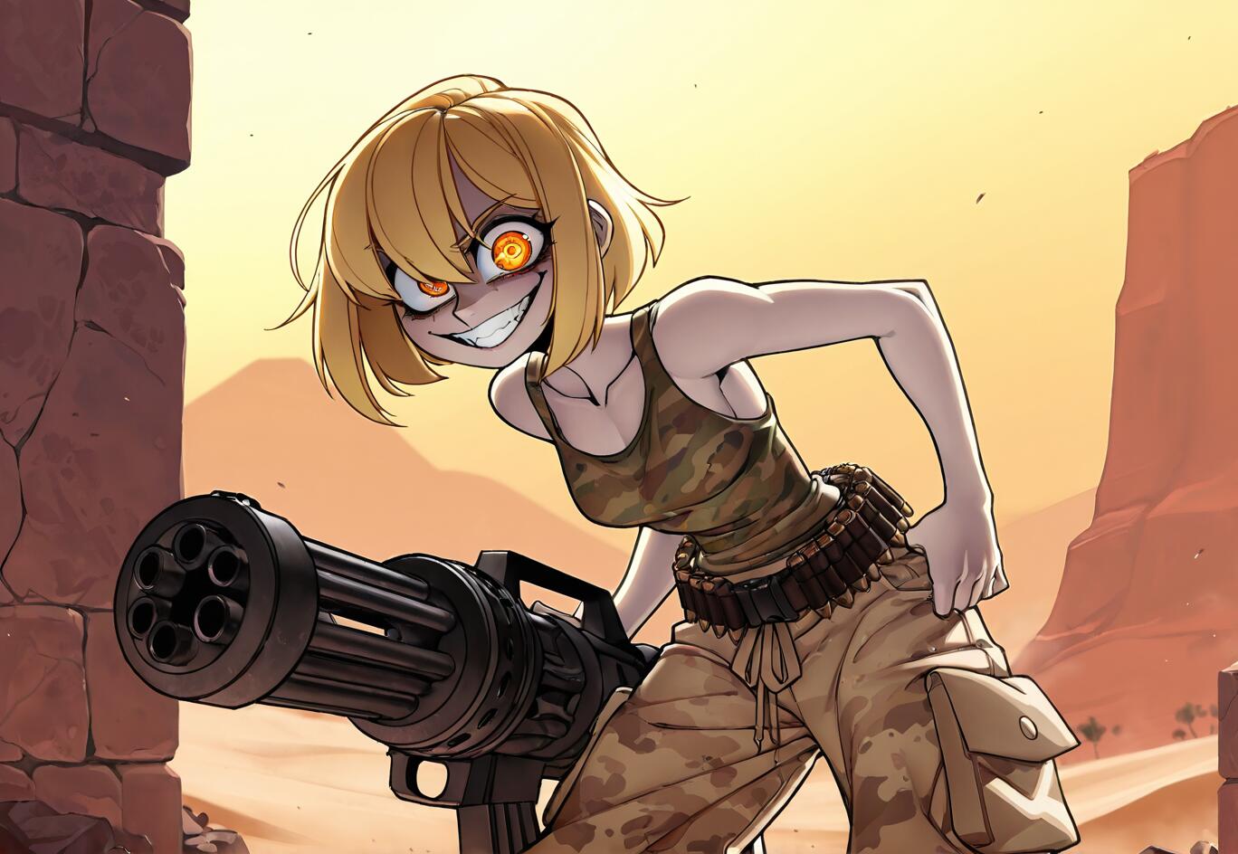 An anime illustration of Tanya Degurechaff from Saga of Tanya the Evil, with a crazed smile and glowing eyes, holding a massive minigun in a desert setting.