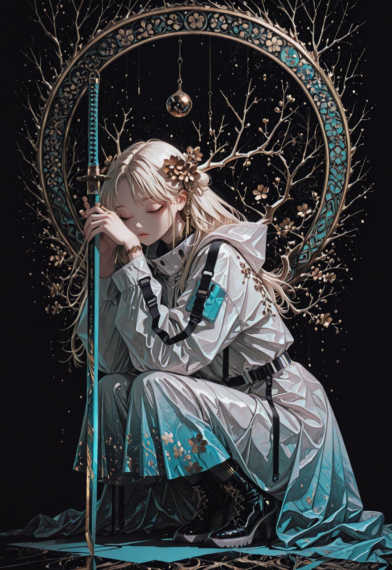 An anime-style illustration of a young woman with long blonde hair crouching on the ground. She has her eyes closed and is resting her head on her hands, which are holding the hilt of a long sword planted in the ground before her. She wears a white and teal techwear outfit with black straps and boots. Behind her is a large, ornate golden and teal circle with tree branches growing from it against a black background.
