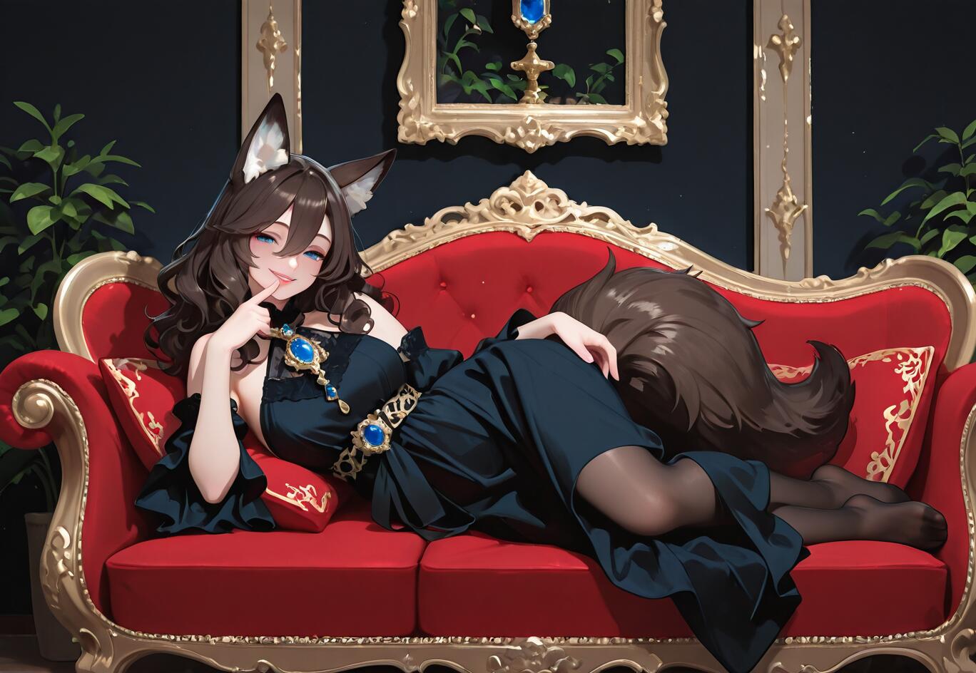 An anime-style fox girl with brown hair, ears, and a large tail, wearing a dark blue dress with gold and blue gems, lying seductively on an ornate red and gold sofa in a luxurious room.