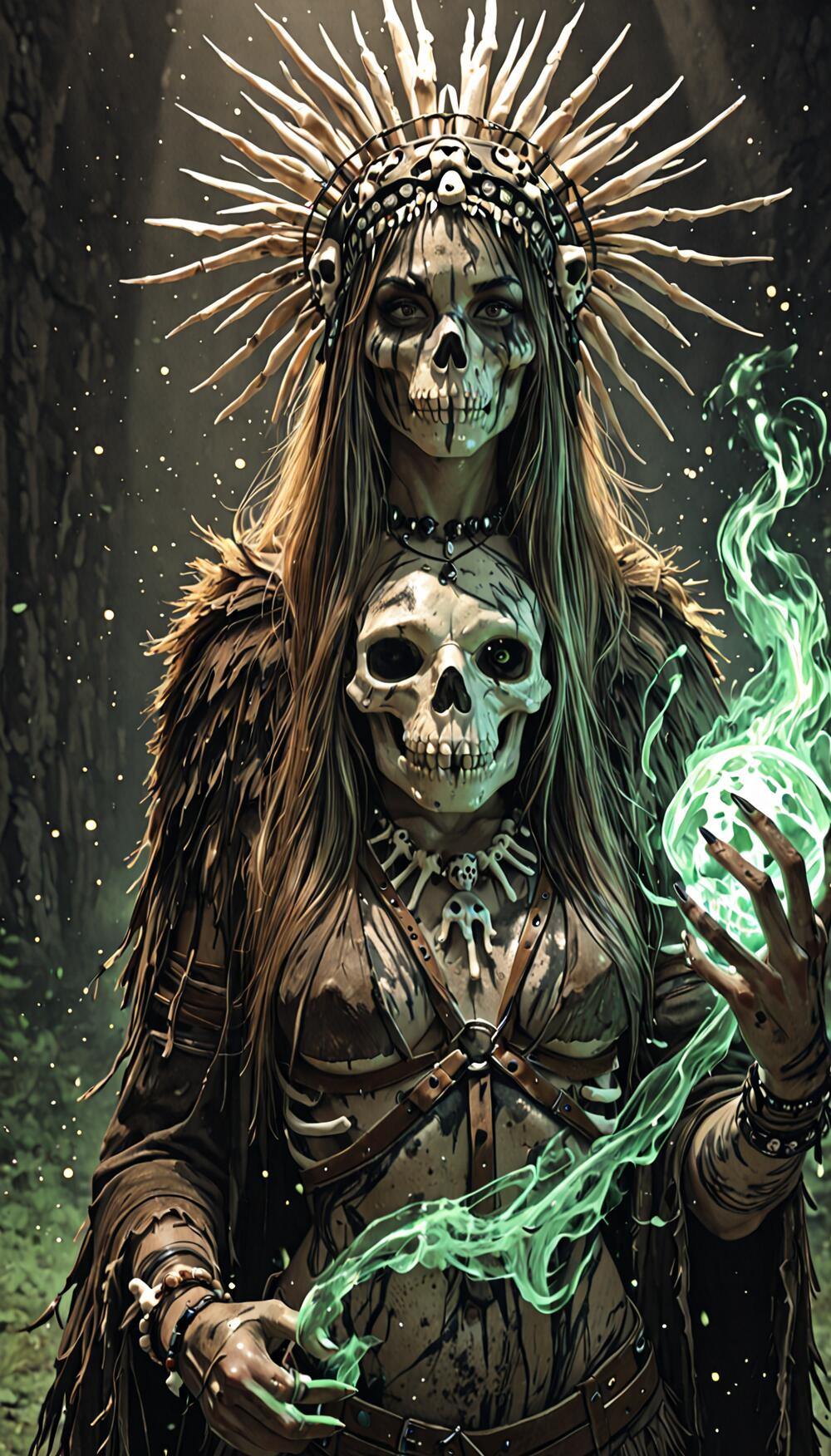 A female shaman with skull face paint and an elaborate bone headdress stands in a dark forest, holding a glowing green orb of magical energy.