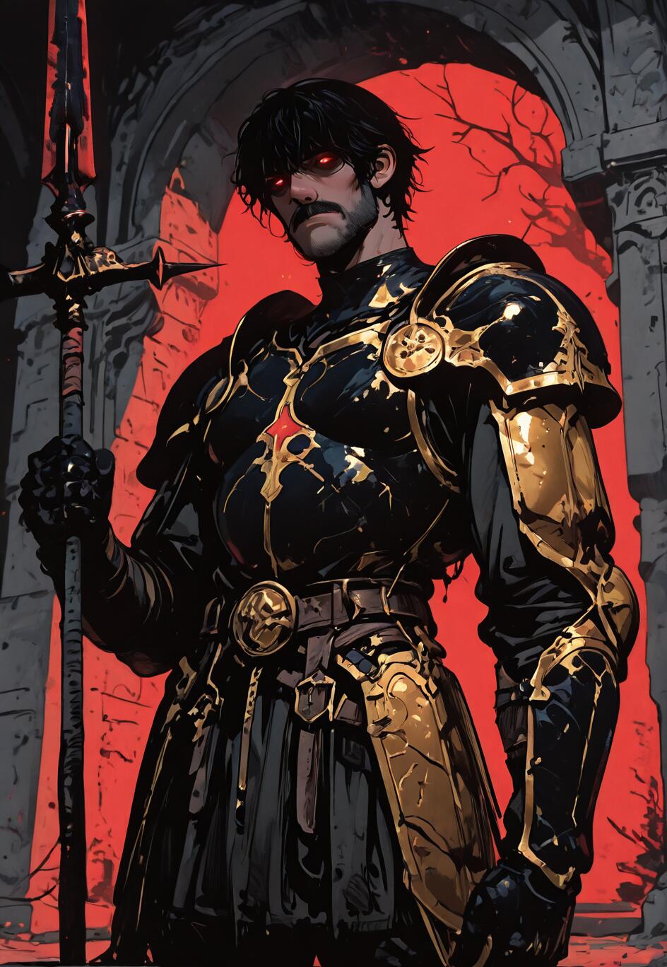 A muscular dark-haired warrior with a mustache and glowing red eyes, wearing elaborate black and gold armor and holding a large spear, standing in front of a red-skied archway.
