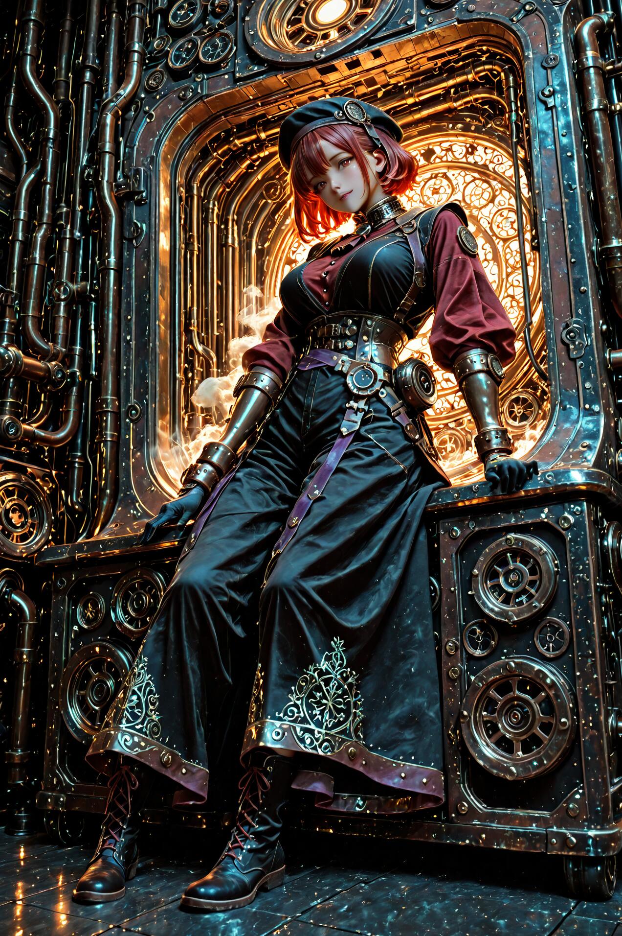 A full-body illustration of a young woman with short red hair in a steampunk engineer outfit, leaning against a large, ornate metal machine in a workshop filled with pipes and gears.