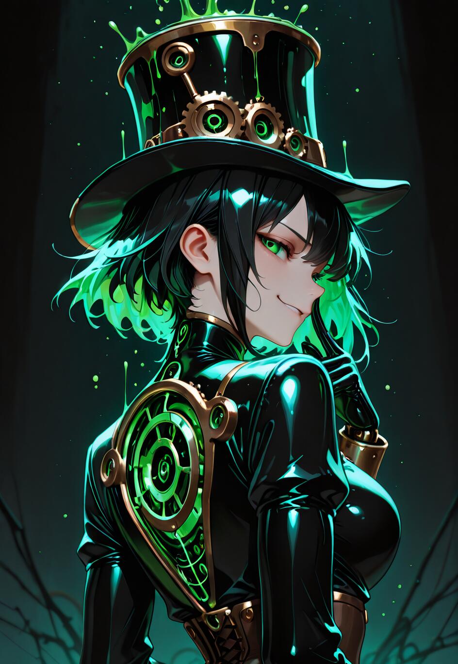 An anime-style character with short black and glowing green hair looks over her shoulder with a smirk. She wears a black steampunk outfit and a top hat that is overflowing with a dripping, glowing green substance.