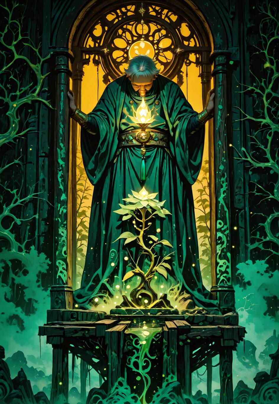 A full-length digital illustration of a wise old sage with white hair in green robes, standing on a platform in a dark, mystical temple. He looks down at a small, glowing plant, while a large, golden arched window glows behind him.