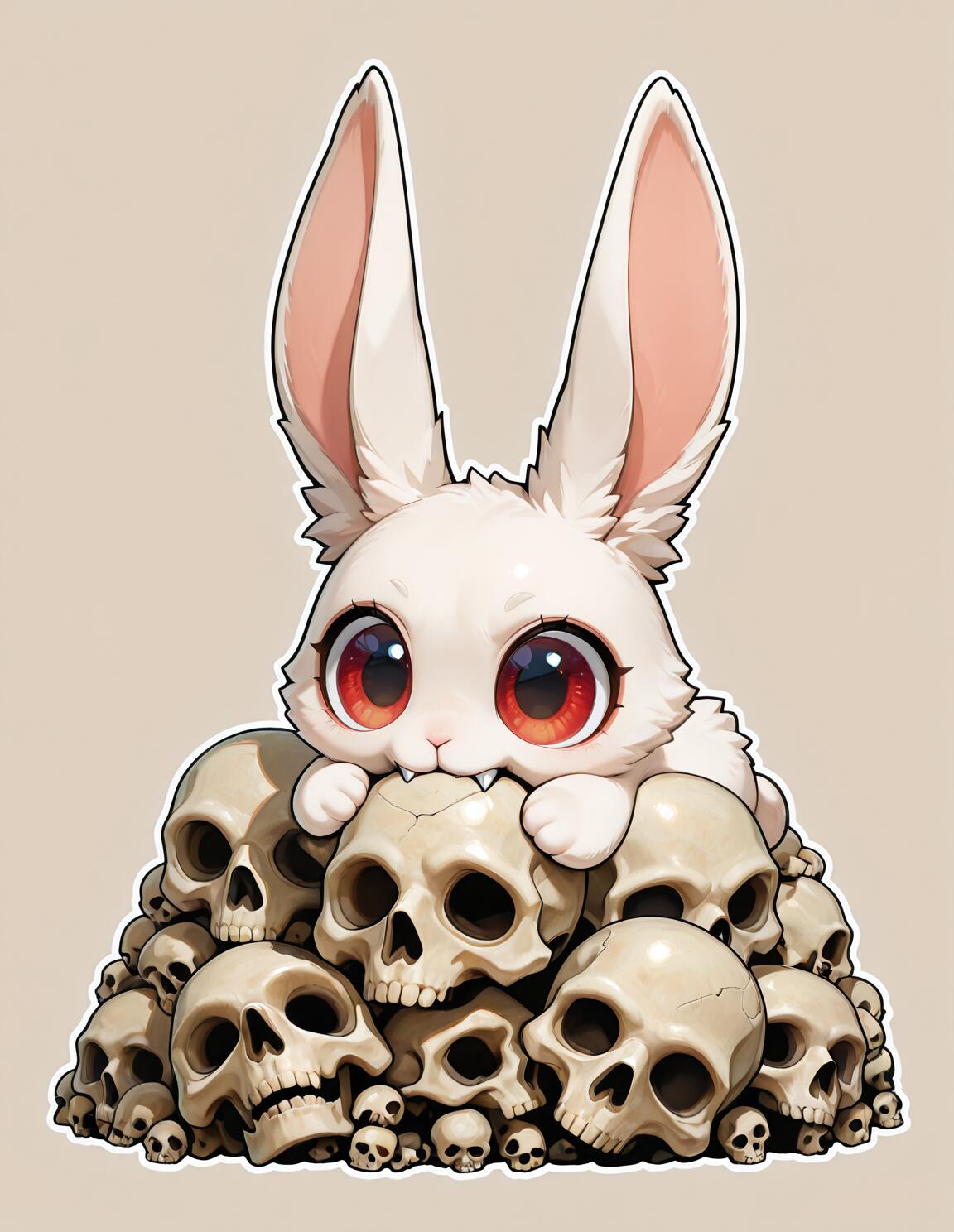 A cute, white chibi-style rabbit with large red eyes and fangs, biting a human skull while sitting on a large pile of other skulls.