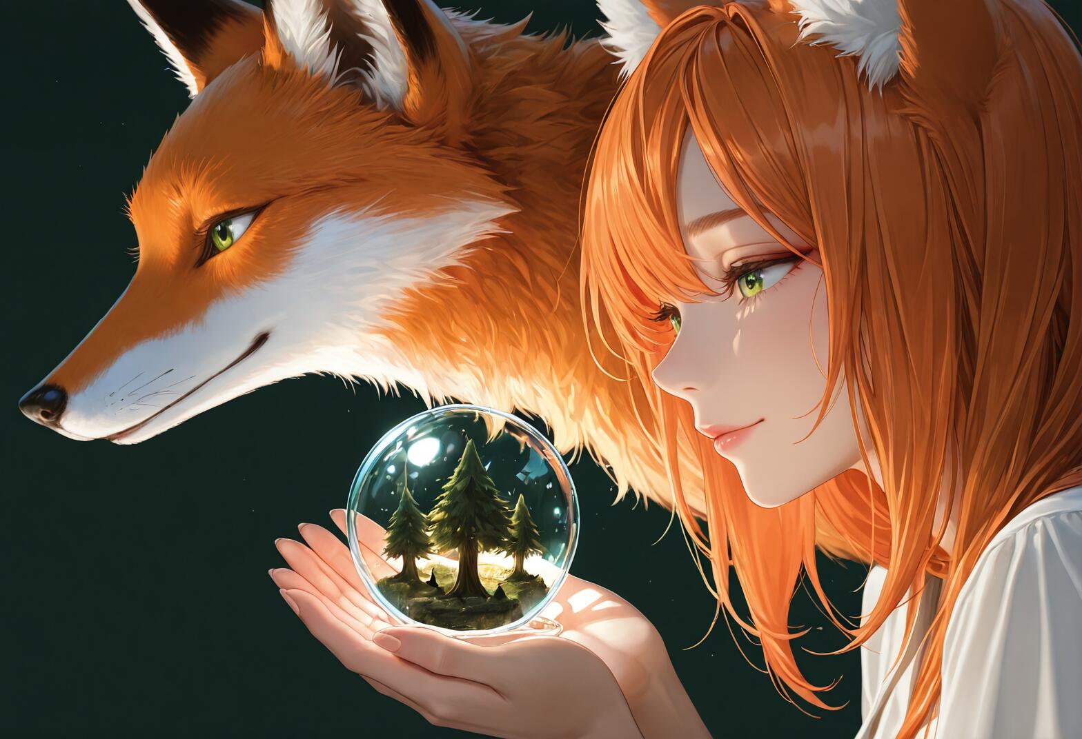 An anime-style illustration of a fox girl with orange hair and green eyes holding a glass orb containing a miniature forest, accompanied by a large fox.