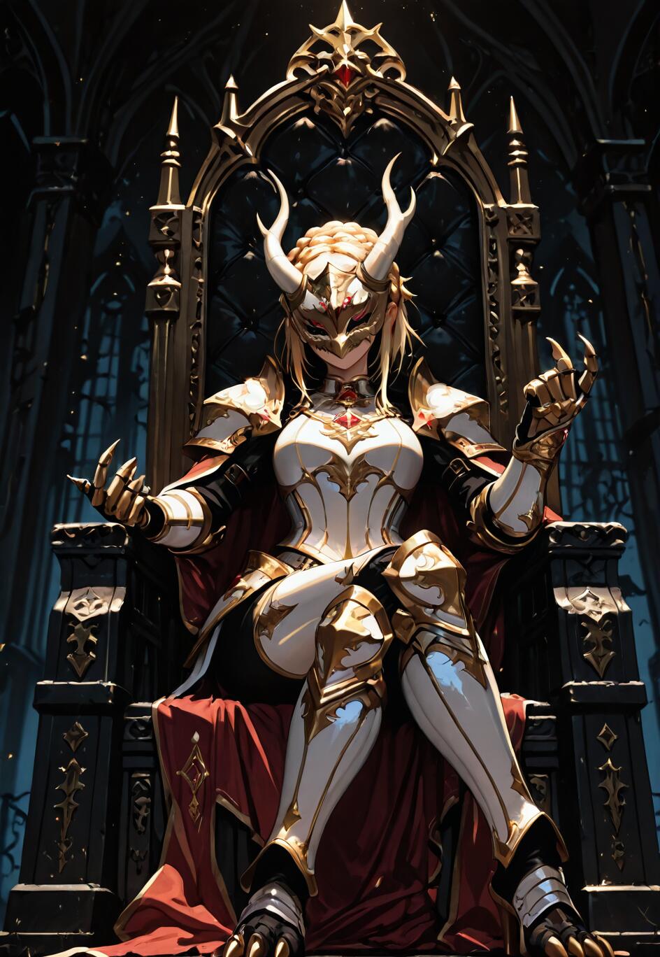 An illustration of a blonde woman with horns wearing ornate white and gold armor and a dragon mask, sitting on a large, dark, gothic throne and making a beckoning gesture.