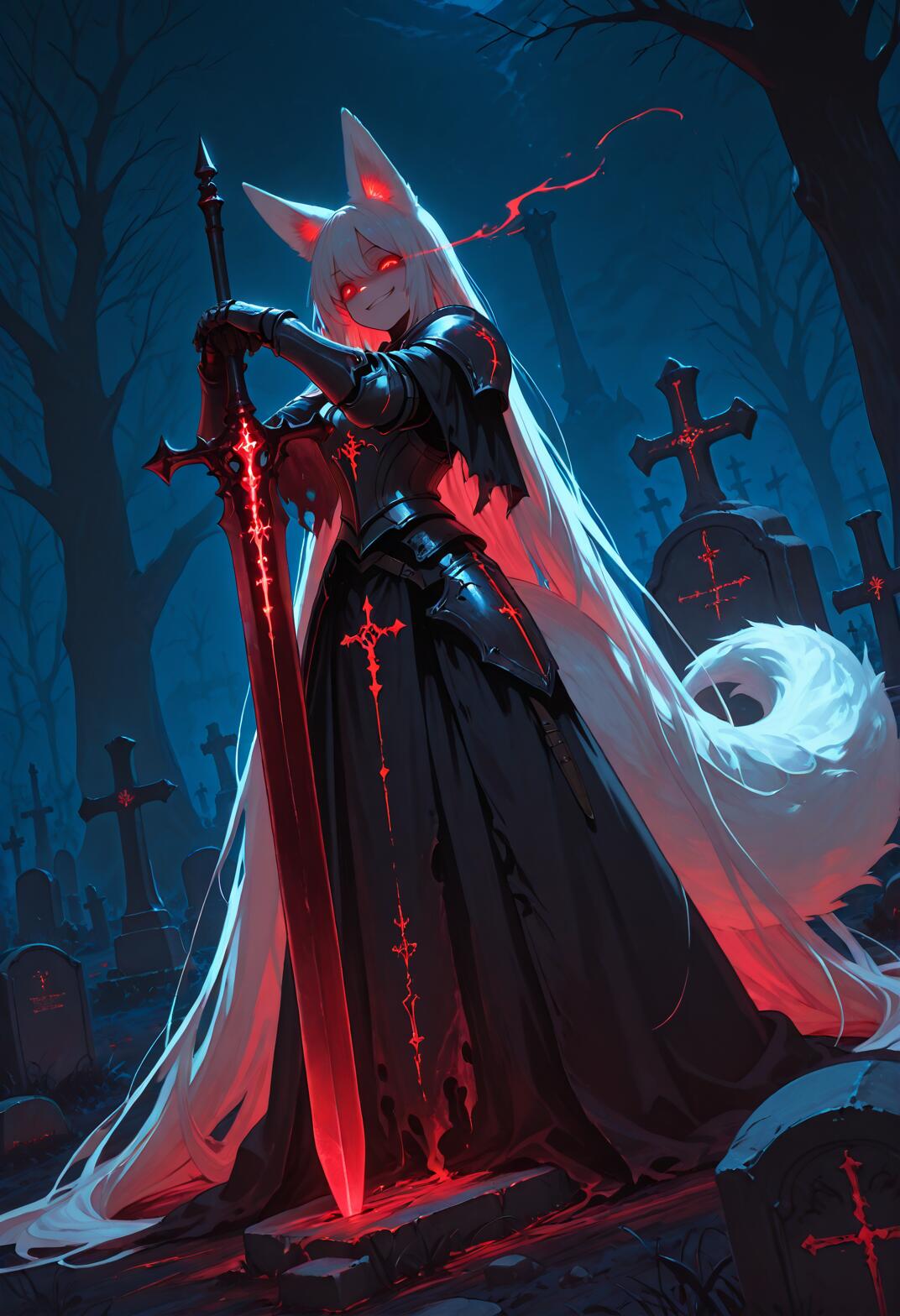 A full-body illustration of a female knight with white fox ears, a fluffy white tail, long white hair, and glowing red eyes. She is wearing black armor and stands in a dark graveyard at night, resting her hands on a large greatsword that is planted in the ground and glowing with red runes.