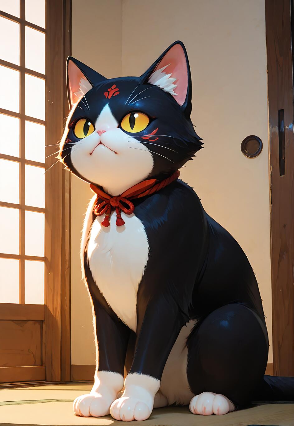 An anime-style illustration of a black and white tuxedo cat sitting upright. The cat has large yellow eyes, a red collar, and red warrior-like markings on its face. It is inside a Japanese-style room next to a shoji screen.
