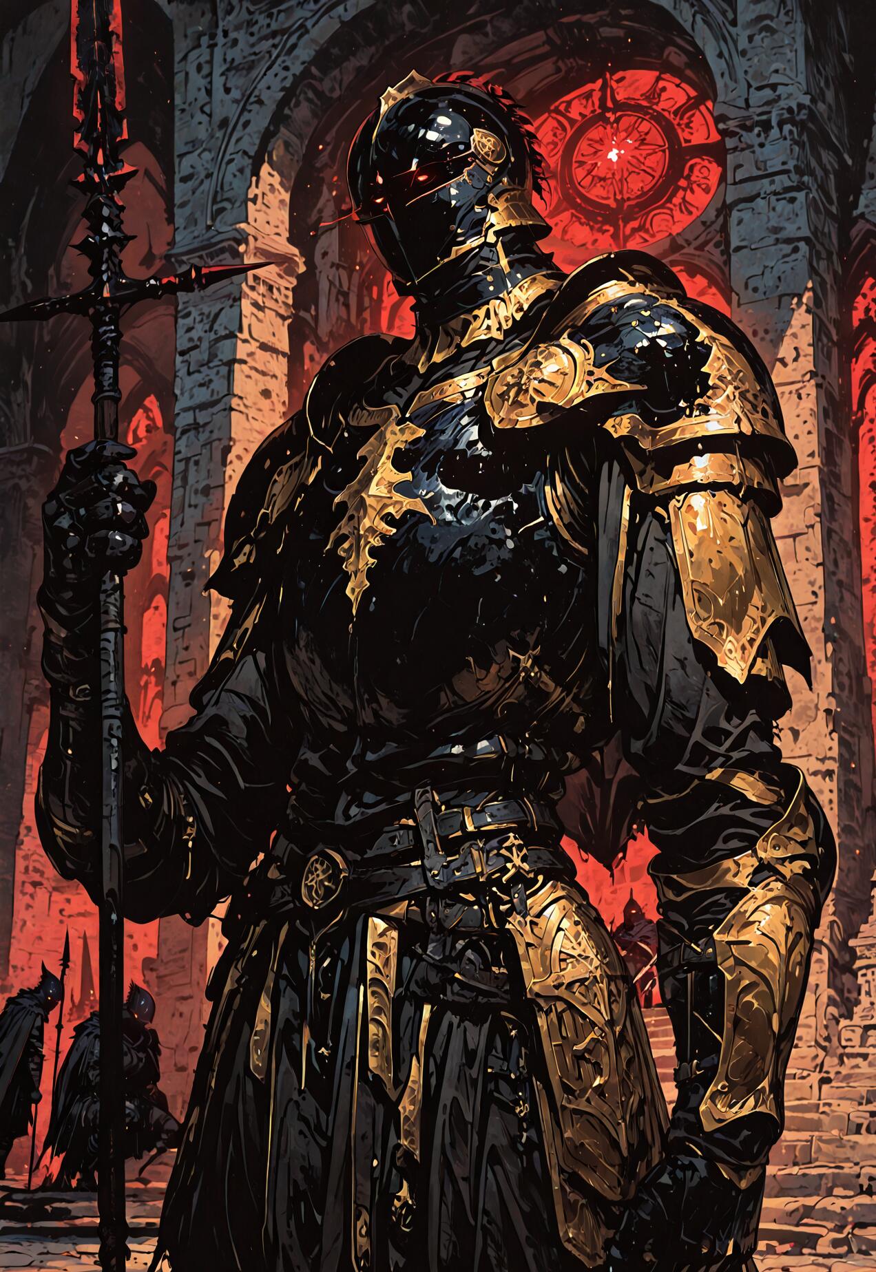 A tall knight in elaborate black and gold armor with glowing red eyes, holding a large spear while standing inside a stone temple with dramatic red backlighting.