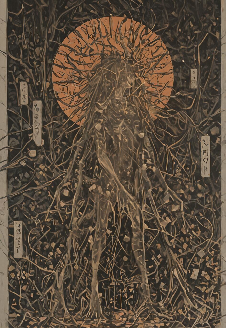 An ukiyo-e style artwork of an ethereal spirit made of tangled dark brown roots and branches. The figure stands in a chaotic forest before a large, solid orange sun that serves as a halo.