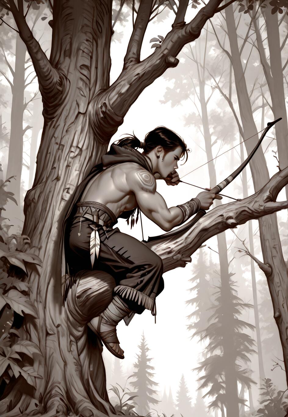 A muscular man with a ponytail and a shoulder tattoo sits on a tree branch in a forest, aiming a bow and arrow. The image is a black and white illustration.