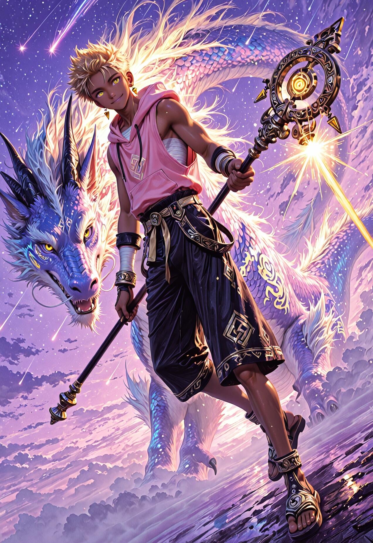 A young man with blonde hair and a pink hoodie holds a magical staff, standing in front of a large blue and purple dragon under a starry purple sky.