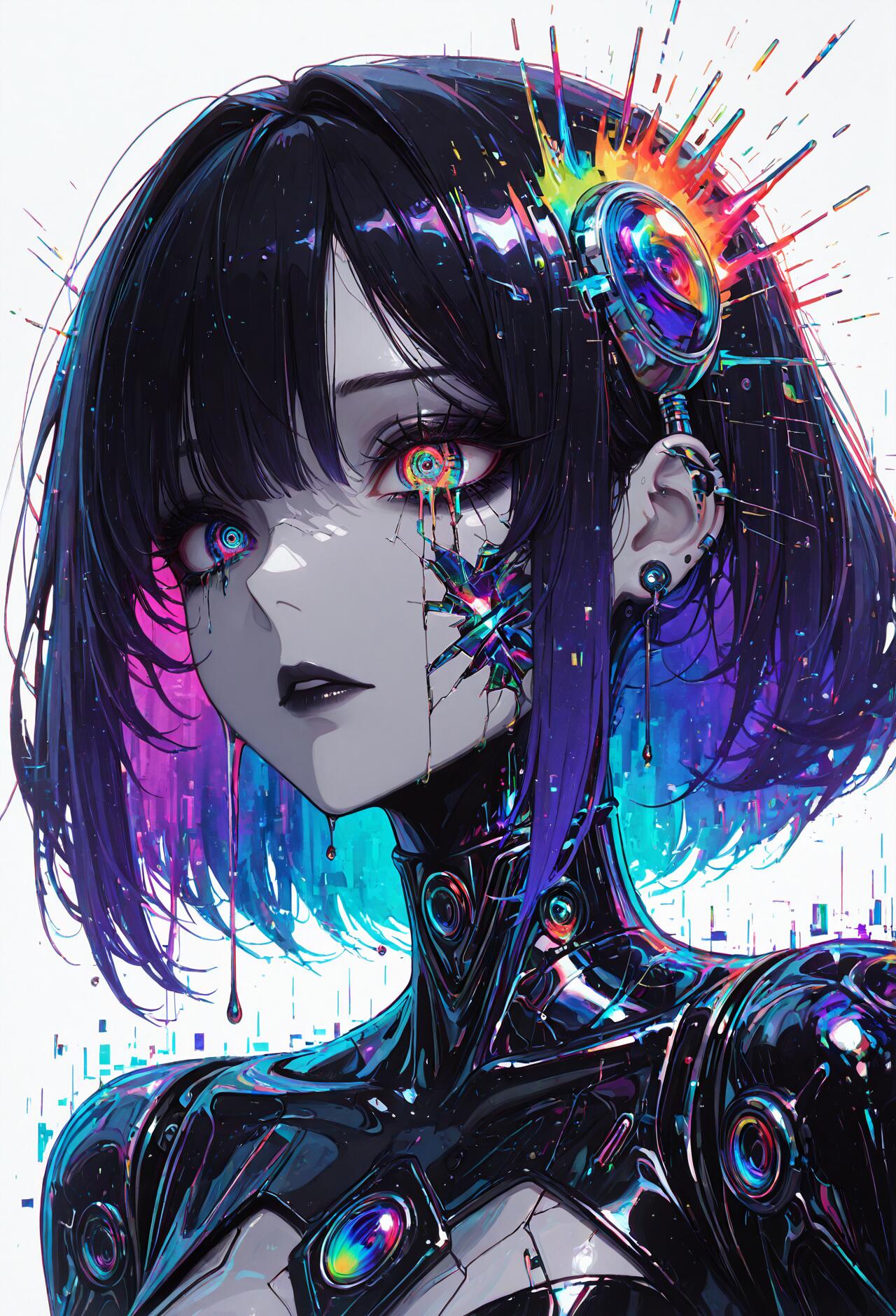 A close-up portrait of an anime-style android girl with short black and purple hair. She has glowing, multicolored eyes with black tears, a colorful glitch on her cheek, and wears a black cybernetic suit and a vibrant headset against a white background.