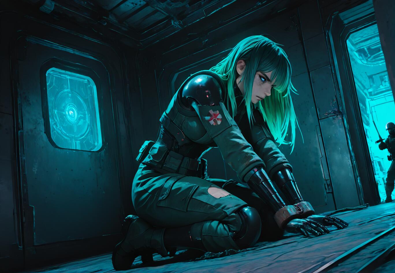 A digital illustration of a female soldier with short green hair kneeling on the floor of a dark, sci-fi corridor. She wears a uniform with an Umbrella Corporation patch and her hands are bound. A silhouetted figure with a sword is visible in a doorway behind her.