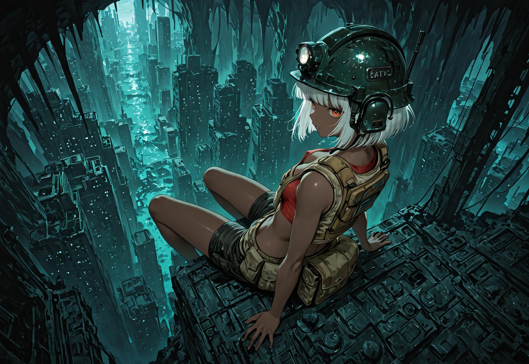 An anime-style illustration of a young woman with dark skin and short white hair, wearing a mining helmet and utility vest. She is sitting on the edge of a ruined structure, looking over a vast, subterranean city with glowing turquoise water flowing through its canyons.