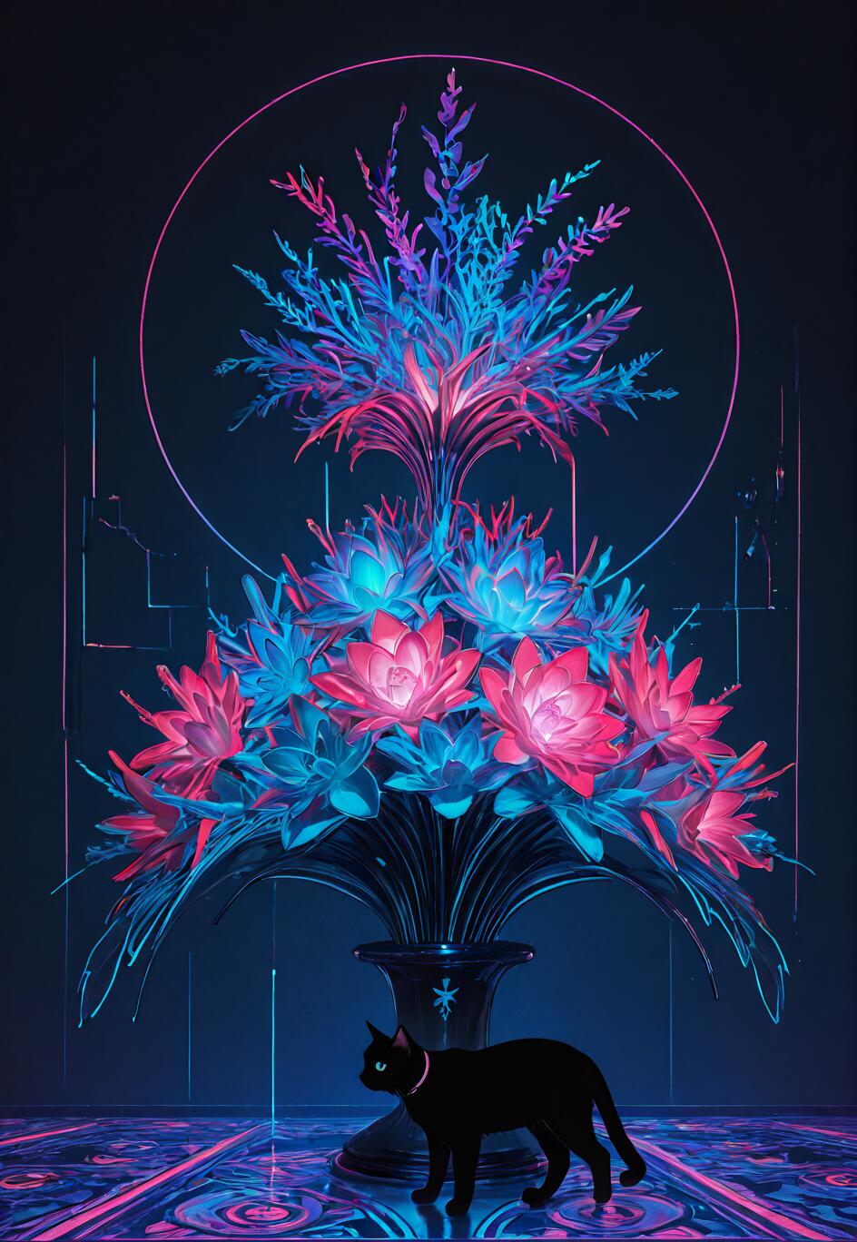 A black cat stands on a patterned neon floor in front of a large vase holding a spectacular bouquet of flowers glowing with vibrant pink and blue light against a dark, futuristic background.