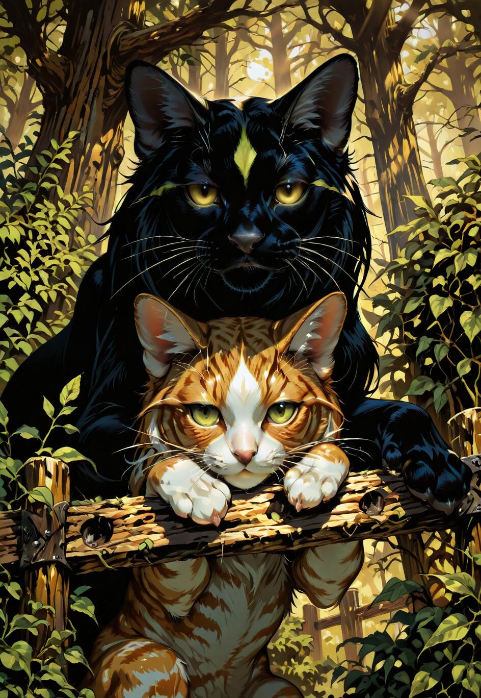 A detailed illustration of two cats in a forest. A ginger and white tabby with green eyes is in front, looking over a wooden fence, while a large black cat with yellow eyes and a yellow star mark on its forehead is behind it.