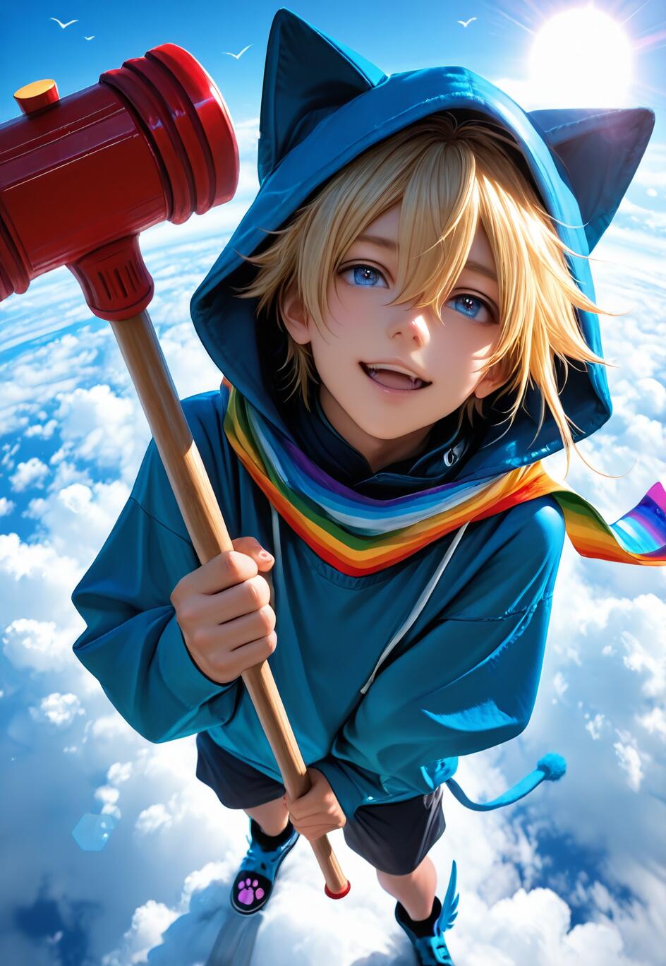 An anime boy with blonde hair and blue eyes in a blue cat-eared hoodie and rainbow scarf, smiling as he holds a giant red toy hammer while floating high in a sunny sky above the clouds.