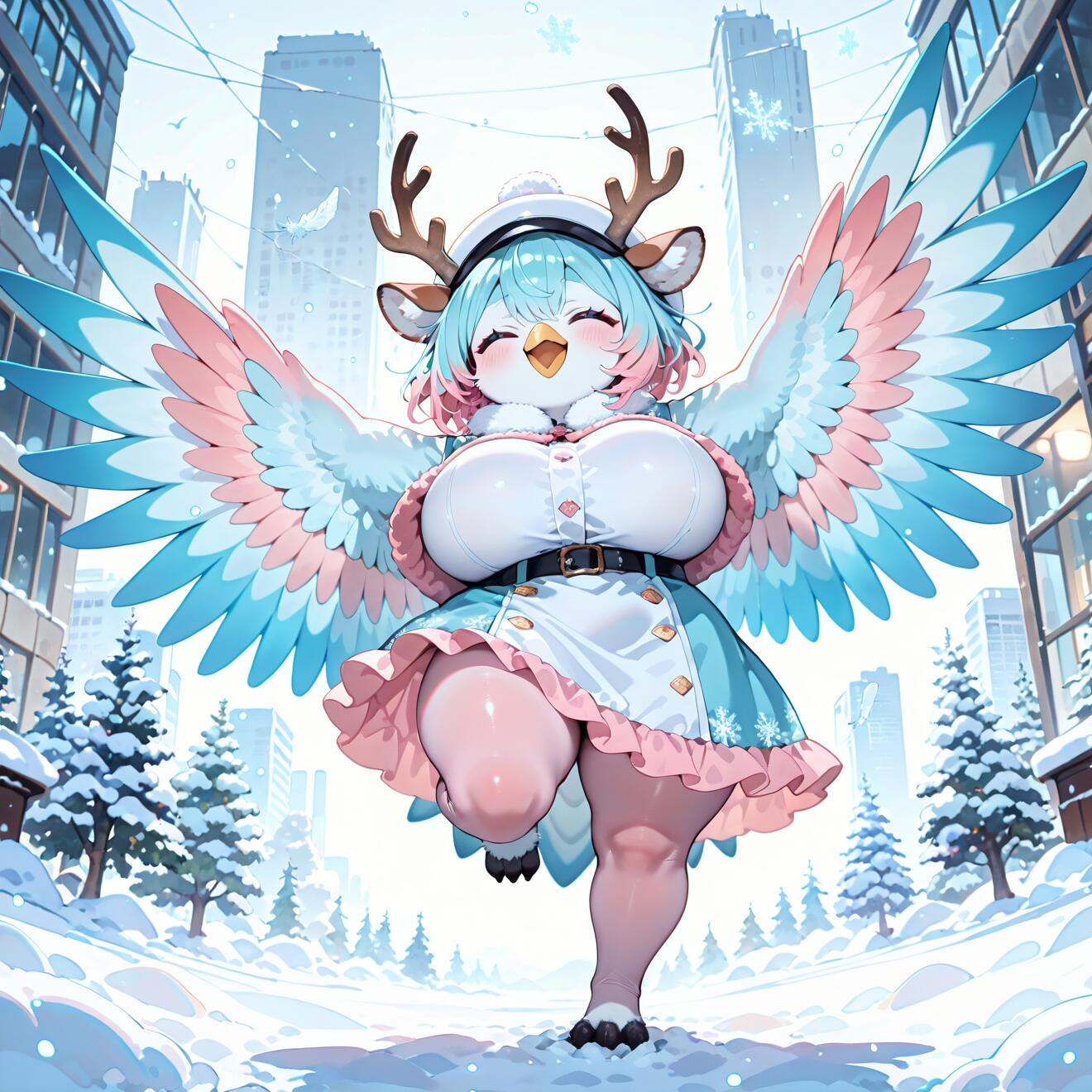 A joyful anime-style harpy with reindeer antlers stands on one leg in a snowy city. She has large pastel blue and pink wings, blue and pink hair, and is wearing a white and blue winter dress.