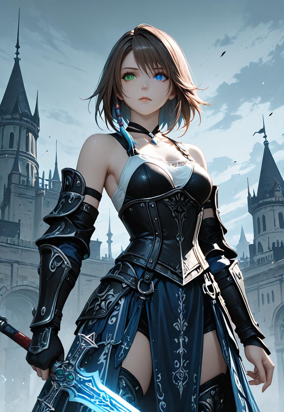An anime-style illustration of Yuna from Final Fantasy X dressed as a knight. She has short brown hair, one green eye and one blue eye, and is holding a glowing blue sword in front of a large, gothic-style castle.