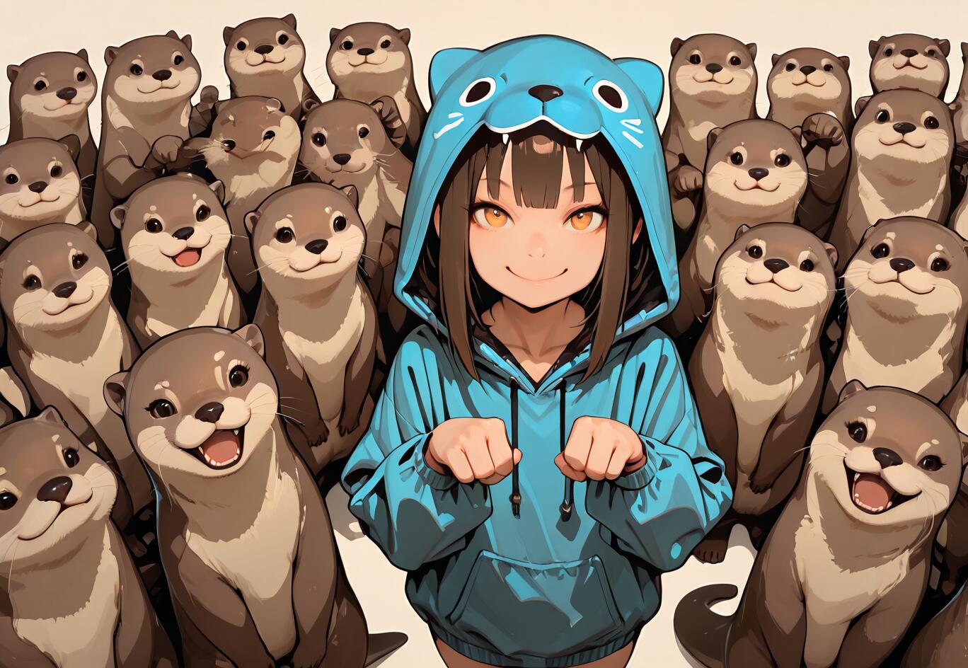 An anime girl in a blue otter hoodie smiles while surrounded by a large group of cute otters. She is holding her hands in a paw pose.