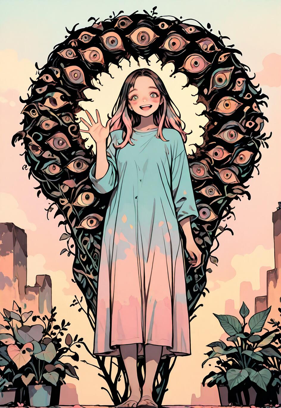 An anime-style illustration of a happy young woman with pink and brown hair, waving at the viewer. She stands in front of a large, dark wreath covered in many eyes, with a pastel-colored city skyline in the background.
