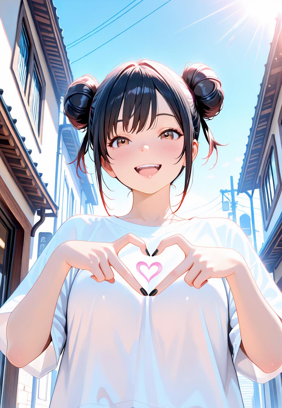 An anime girl with black hair in double buns smiles happily while making a heart shape with her hands on a sunny day in the city.
