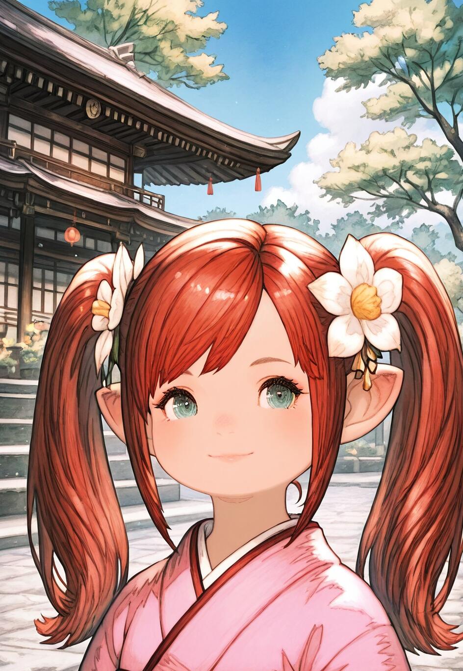 A close-up portrait of a cute anime-style girl with red hair in pigtails, pointy ears, and a pink kimono. She has white flowers in her hair and is smiling in front of a traditional Japanese building.