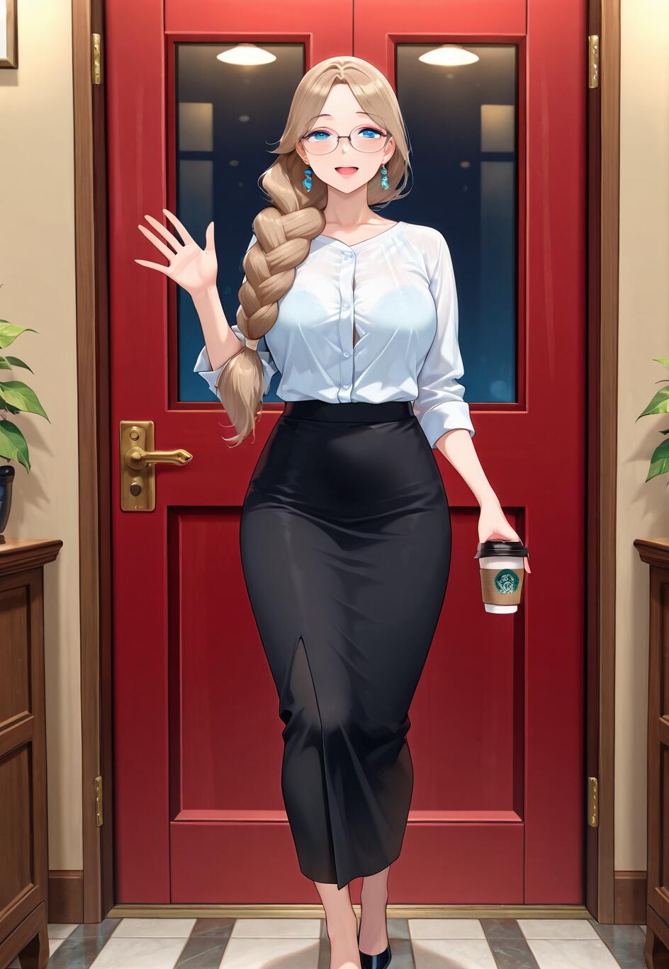 A full-body illustration of a smiling woman with braided blonde hair and glasses, wearing a white shirt and black skirt. She is waving with one hand and holding a coffee cup with the other while standing in front of a red door.