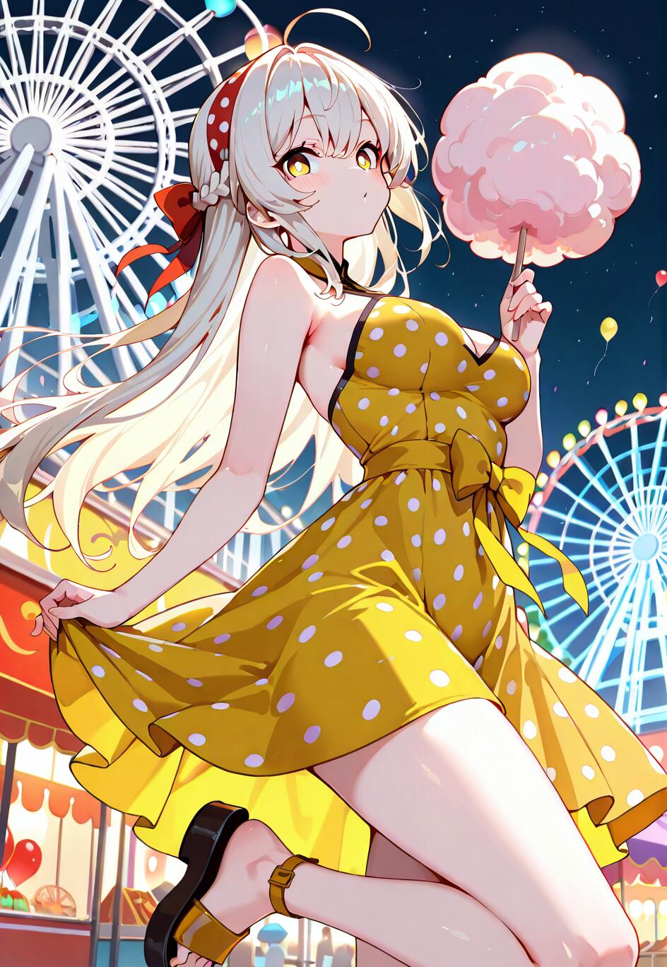 An anime girl with long blonde hair in a yellow polka-dot dress holds pink cotton candy at a carnival at night, with brightly lit Ferris wheels in the background.