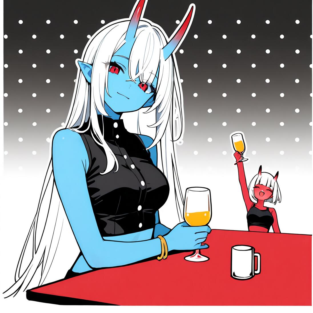An anime-style illustration of a blue-skinned oni girl with long white hair sitting at a red table, while a red-skinned oni girl cheers with a drink in the background against a polka-dotted backdrop.