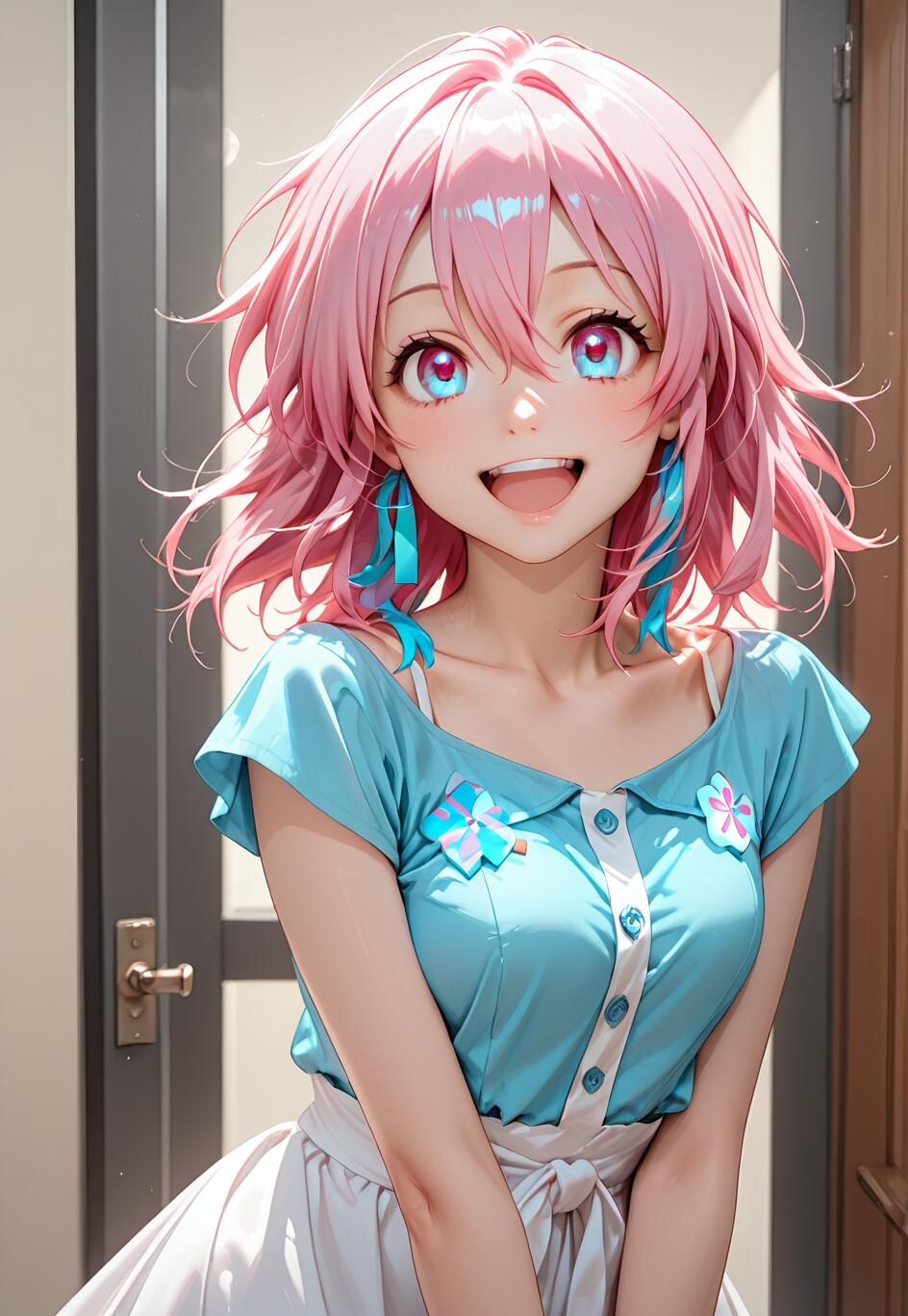 A close-up portrait of a happy anime girl with short pink hair and big blue eyes smiling warmly. She is wearing a light blue top and stands in a sunlit doorway.