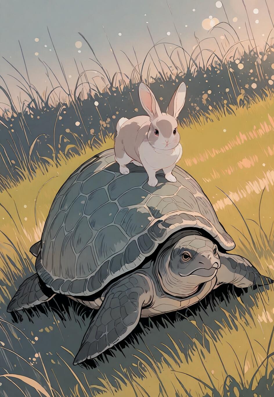 A modern anime-style illustration of a cute rabbit standing on the back of a large turtle as they cross a grassy field.