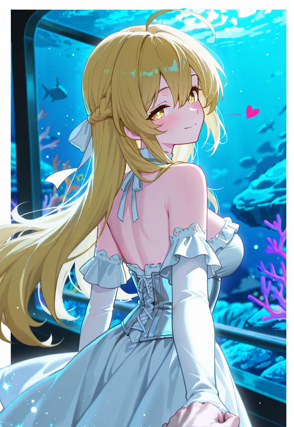 Lumine from Genshin Impact, a young woman with long blonde hair and a white dress, looks back with a sweet smile while holding the viewer's hand during a date at a beautifully lit aquarium.