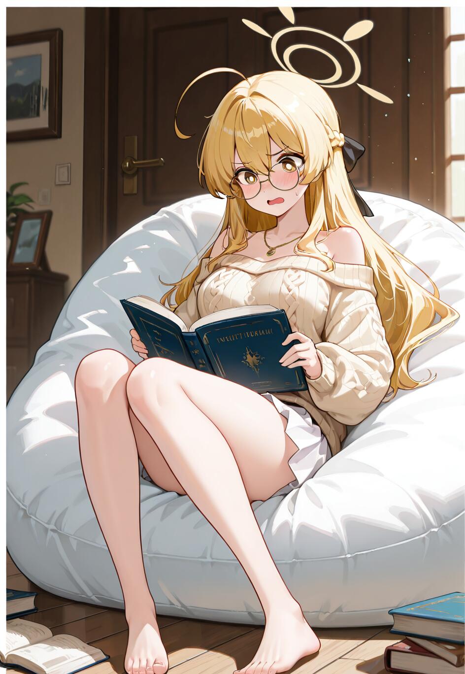 Full-body illustration of the Blue Archive character Ajitani Hifumi. She's a blonde-haired anime girl with glasses and a halo, sitting on a white beanbag chair and reading a book with a flustered expression. She is wearing a cream off-shoulder sweater and a white skirt in a cozy, sunlit room.