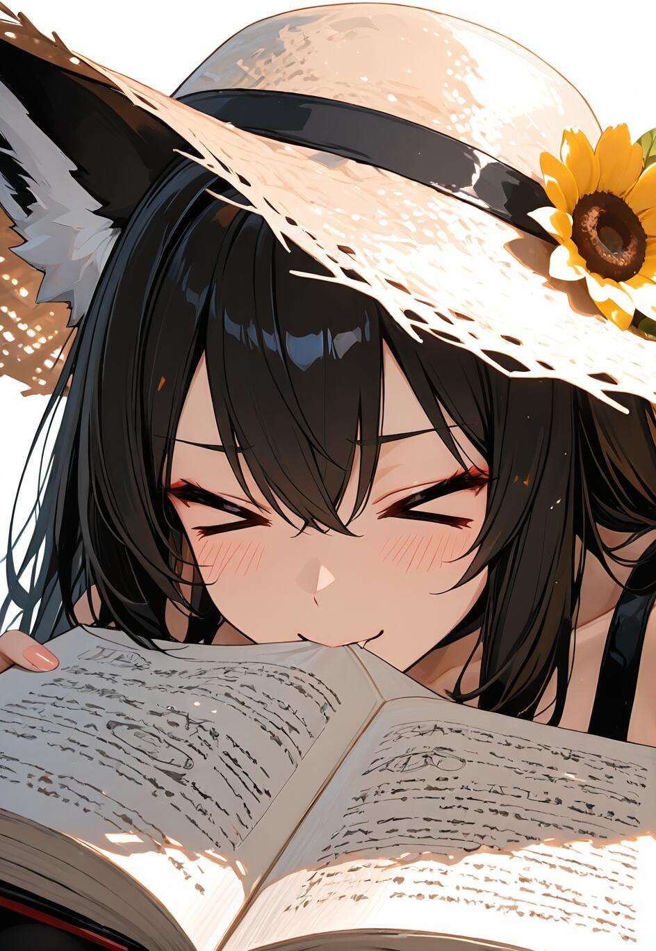 An anime fox girl with black hair and a straw sunhat smiles with her eyes closed, playfully biting the top of an open book she is holding.