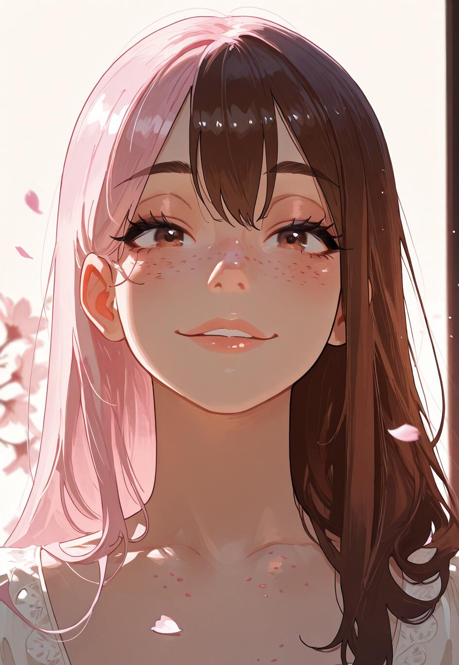 Close-up portrait of Neopolitan from RWBY, featuring her signature pink and brown split hair. She has a gentle smile, brown eyes, and is surrounded by floating cherry blossom petals in soft light.