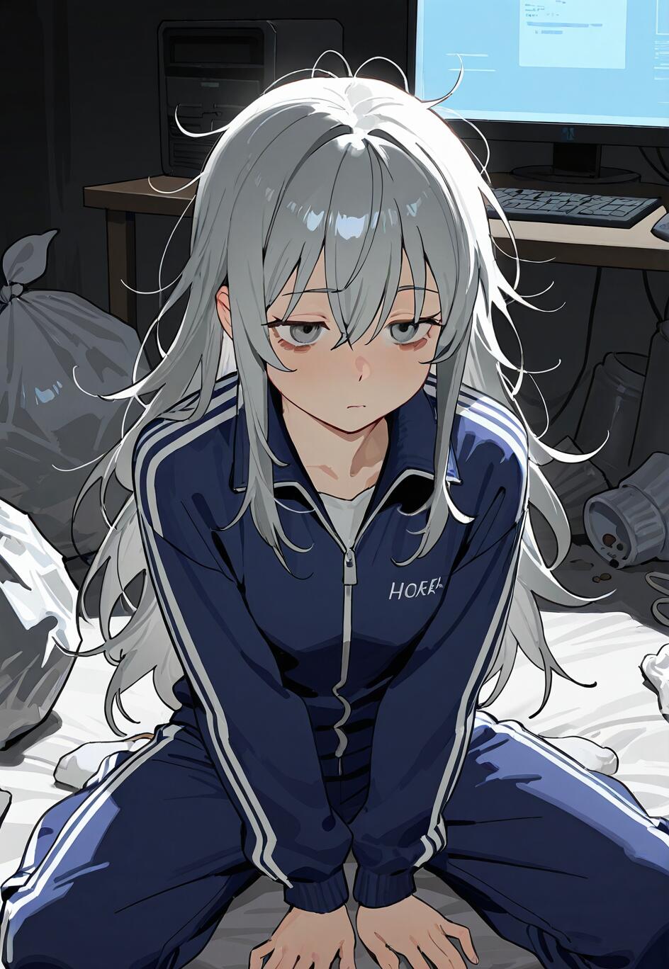 An anime-style illustration of a girl with long, messy silver hair and tired eyes wearing a blue tracksuit. She is sitting on her bed in a dark, messy room with trash bags and a glowing computer screen in the background.