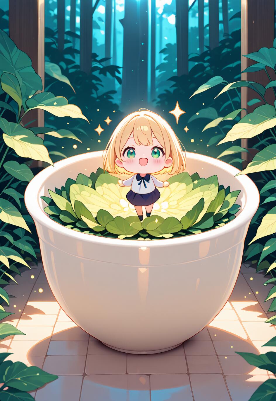 A cute, chibi-style anime girl with short blonde hair and a school uniform standing inside a large white bowl filled with green lettuce leaves, set against a backdrop of a sunlit forest.