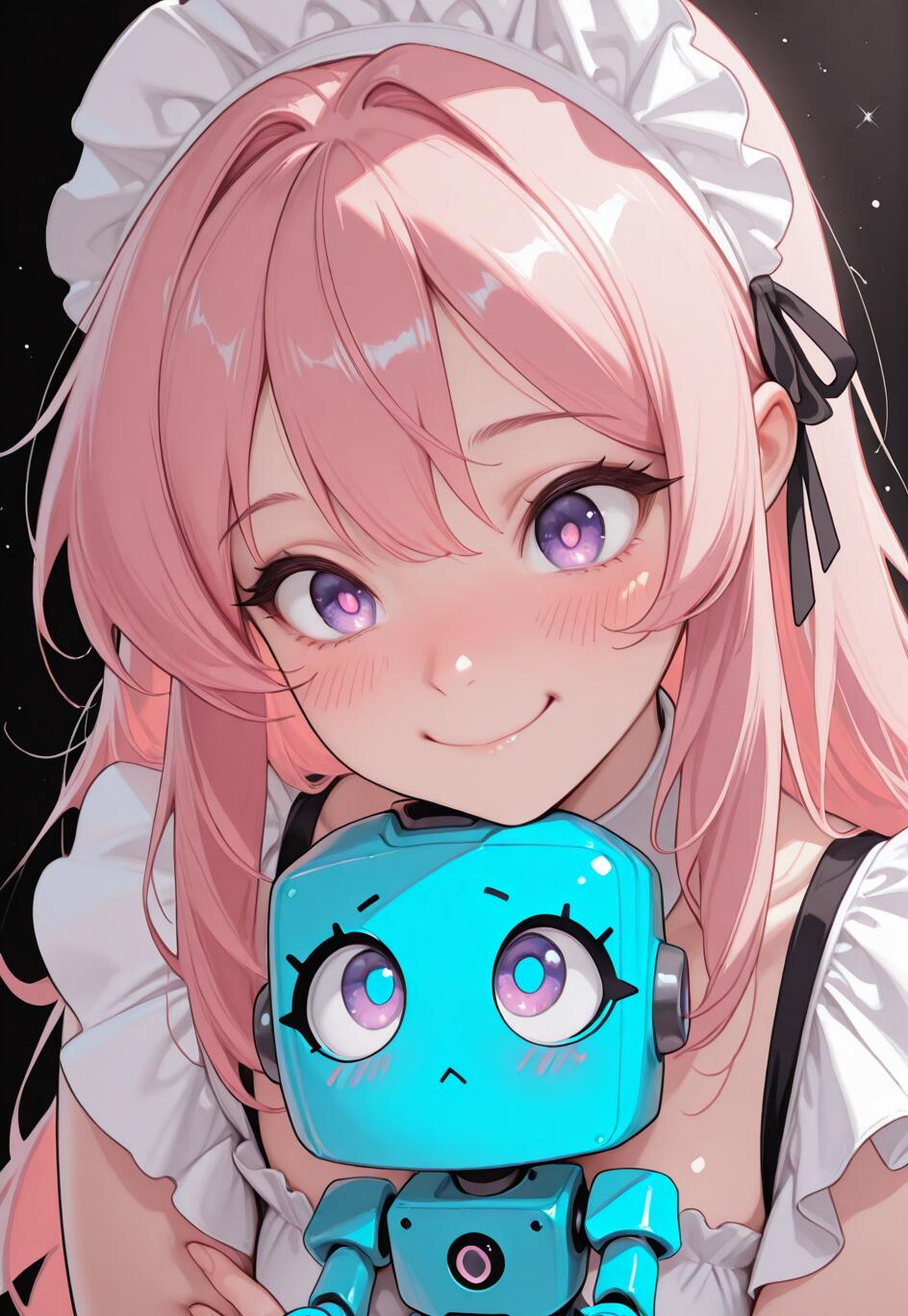 A close-up of a smiling anime maid with long pink hair and purple eyes, affectionately hugging a small, cute blue robot against a dark, sparkling background.